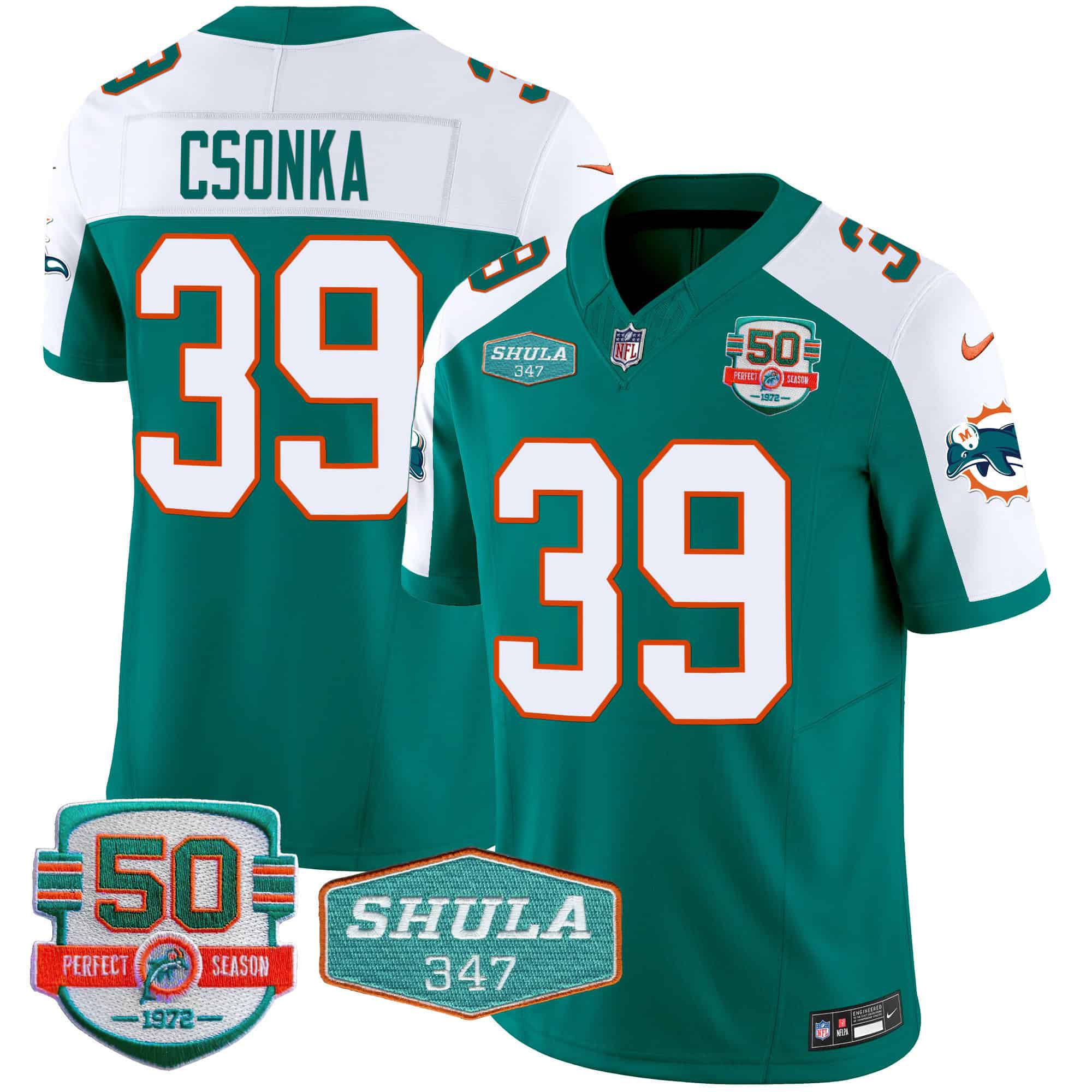 Men Miami Dolphins #39 Csonka Green 2024 Nike Throwback Shula 347 Patch Vapor NFL Jersey